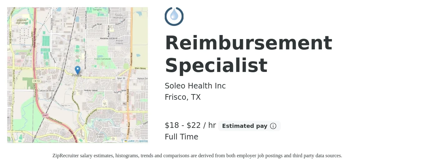Soleo Health Inc job posting for a Reimbursement Specialist in Frisco, TX with a salary of $19 to $23 Hourly with a map of Frisco location.