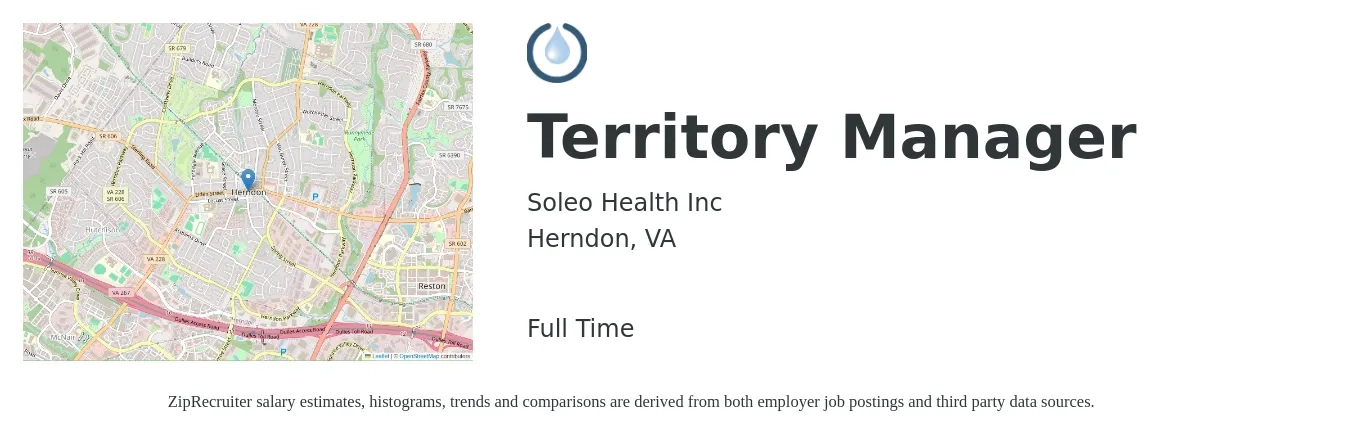Soleo Health Inc job posting for a Territory Manager in Herndon, VA with a salary of $77,100 to $114,600 Yearly with a map of Herndon location.