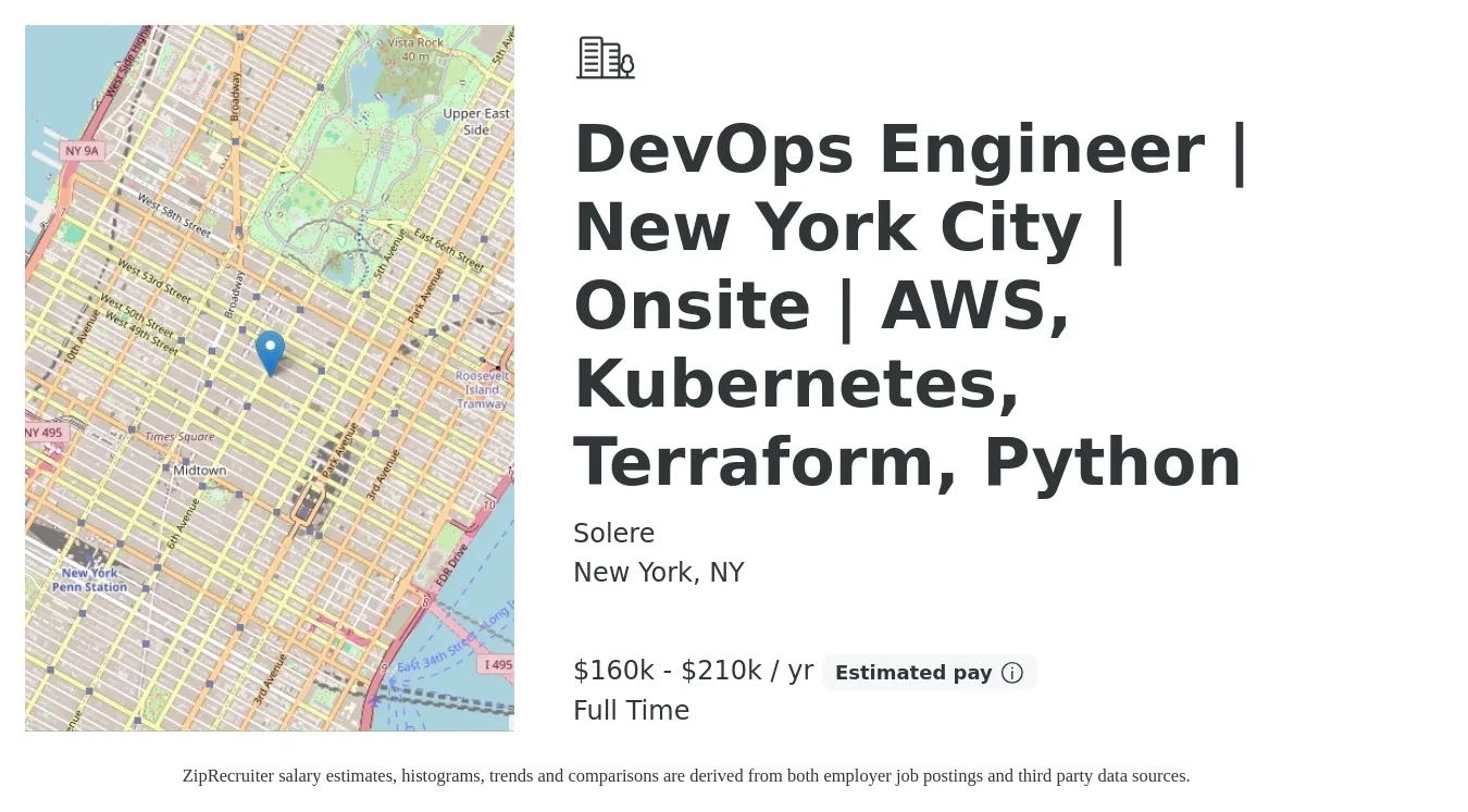 Solere job posting for a DevOps Engineer | New York City | Onsite | AWS, Kubernetes, Terraform, Python in New York, NY with a salary of $160,000 to $210,000 Yearly with a map of New York location.