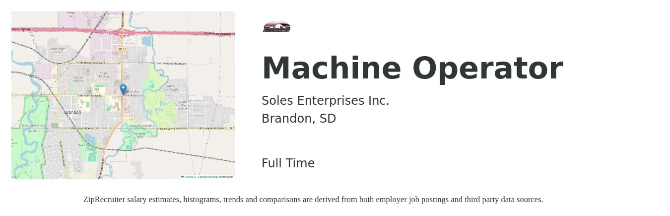 Soles Enterprises Inc. job posting for a Machine Operator in Brandon, SD with a salary of $18 Hourly with a map of Brandon location.