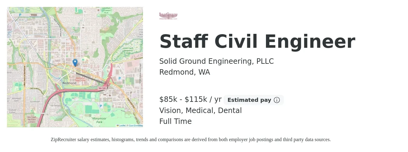 Solid Ground Engineering, PLLC job posting for a Staff Civil Engineer in Redmond, WA with a salary of $85,000 to $115,000 Yearly and benefits including pto, retirement, vision, dental, life_insurance, and medical with a map of Redmond location.