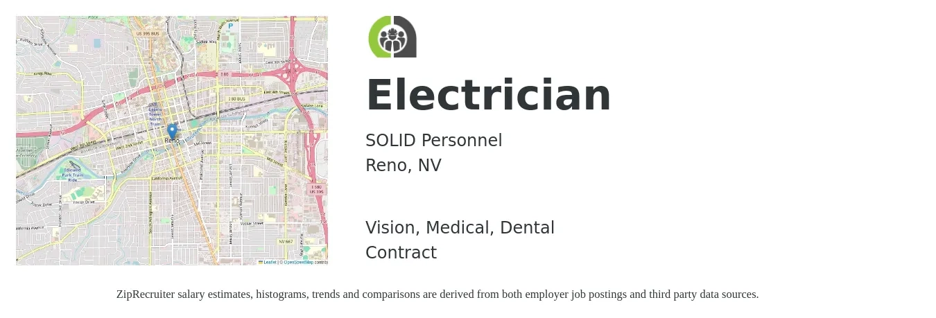 SOLID Personnel job posting for a Electrician in Reno, NV with a salary of $25 to $34 Hourly and benefits including dental, medical, pto, retirement, and vision with a map of Reno location.