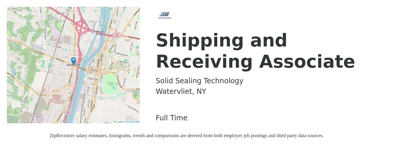 Solid Sealing Technology job posting for a Shipping and Receiving Associate in Watervliet, NY with a salary of $39,520 to $52,000 Yearly with a map of Watervliet location.