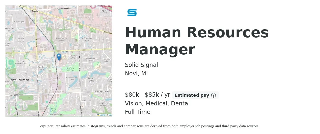 Solid Signal job posting for a Human Resources Manager in Novi, MI with a salary of $80,000 to $85,000 Yearly and benefits including retirement, vision, dental, life_insurance, and medical with a map of Novi location.