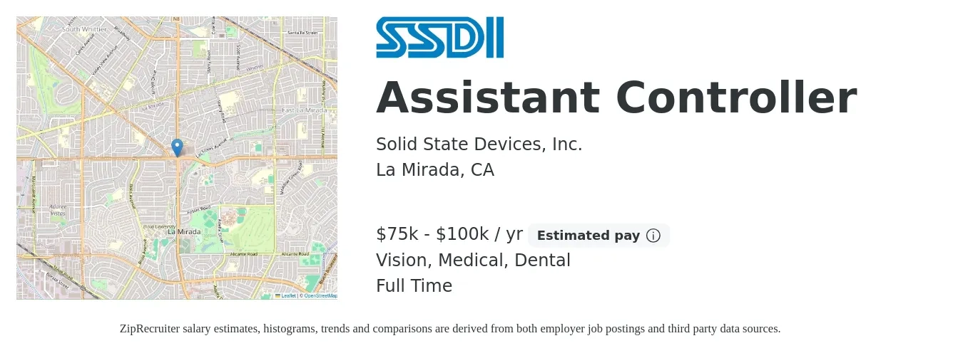 Solid State Devices, Inc. job posting for a Assistant Controller in La Mirada, CA with a salary of $75,000 to $100,000 Yearly and benefits including retirement, vision, dental, life_insurance, medical, and pto with a map of La Mirada location.