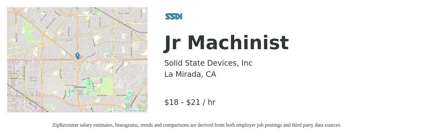 Solid State Devices, Inc job posting for a Jr. Machinist in La Mirada, CA with a salary of $19 to $22 Hourly with a map of La Mirada location.