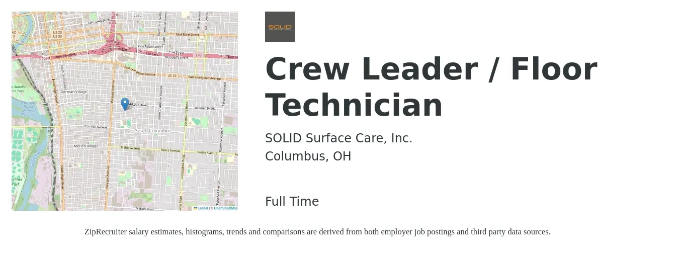 SOLID Surface Care, Inc. job posting for a Crew Leader / Floor Technician in Columbus, OH with a salary of $14 to $18 Hourly with a map of Columbus location.