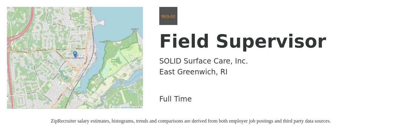 SOLID Surface Care, Inc. job posting for a Field Supervisor in East Greenwich, RI with a salary of $20 to $28 Hourly with a map of East Greenwich location.