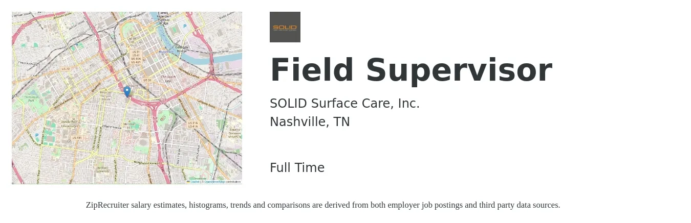 SOLID Surface Care, Inc. job posting for a Field Supervisor in Nashville, TN with a salary of $19 to $28 Hourly with a map of Nashville location.