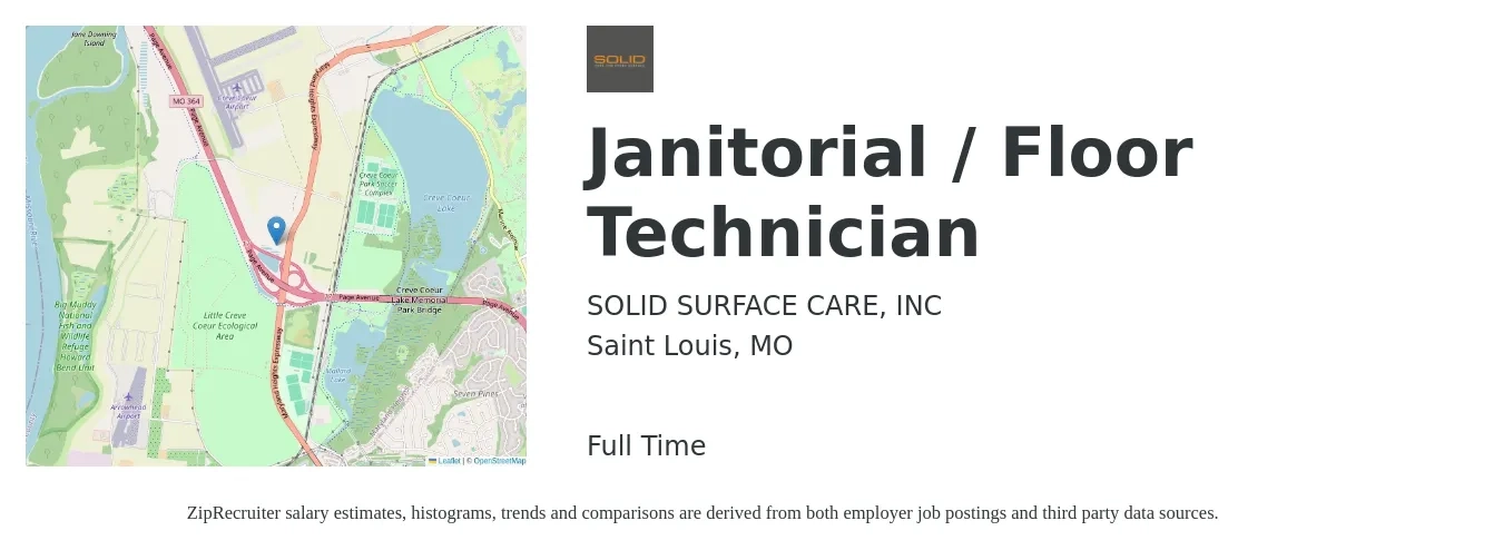 SOLID Surface Care, Inc. job posting for a Janitorial / Floor Technician in Saint Louis, MO with a salary of $14 to $16 Hourly with a map of Saint Louis location.