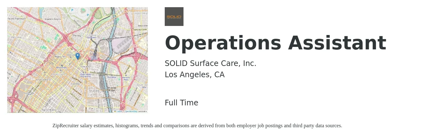 SOLID Surface Care, Inc. job posting for a Operations Assistant in Los Angeles, CA with a salary of $55,000 to $60,000 Yearly with a map of Los Angeles location.