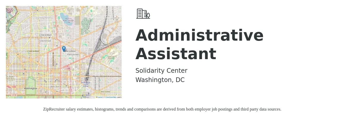 Solidarity Center job posting for a Administrative Assistant in Washington, DC with a salary of $64,300 Yearly with a map of Washington location.