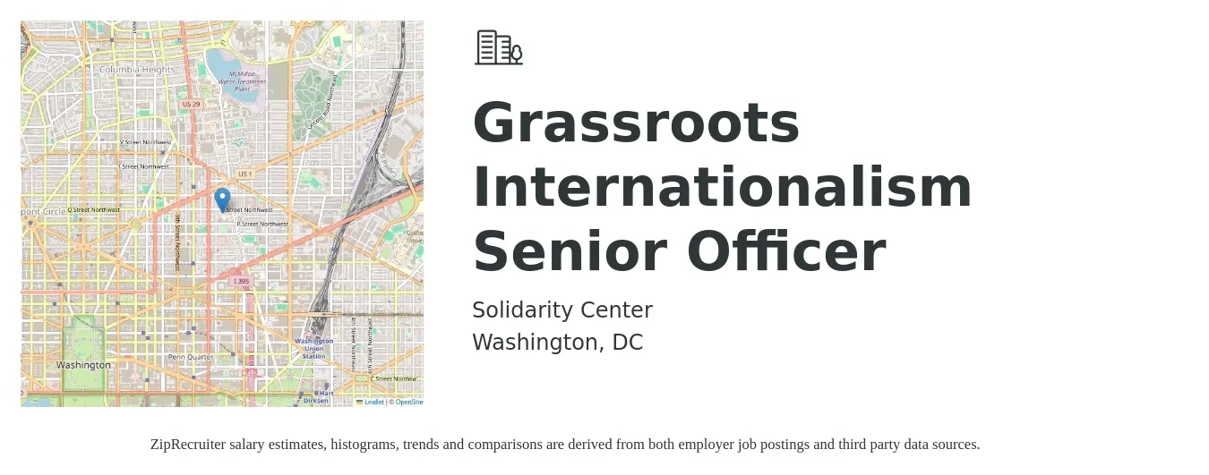 Solidarity Center job posting for a Grassroots Internationalism Senior Officer in Washington, DC with a salary of $103,909 Yearly with a map of Washington location.