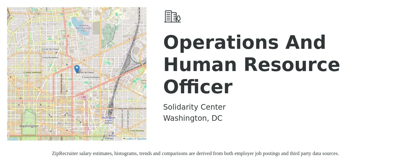 Solidarity Center job posting for a Operations And Human Resource Officer in Washington, DC with a salary of $92,876 Yearly with a map of Washington location.