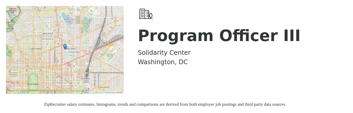 Solidarity Center job posting for a Program Officer III in Washington, DC with a salary of $80,700 to $149,100 Yearly with a map of Washington location.