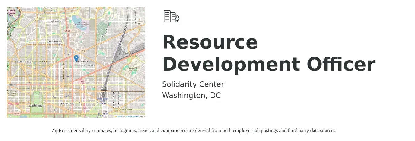 Solidarity Center job posting for a Resource Development Officer in Washington, DC with a salary of $66,100 to $95,400 Yearly with a map of Washington location.