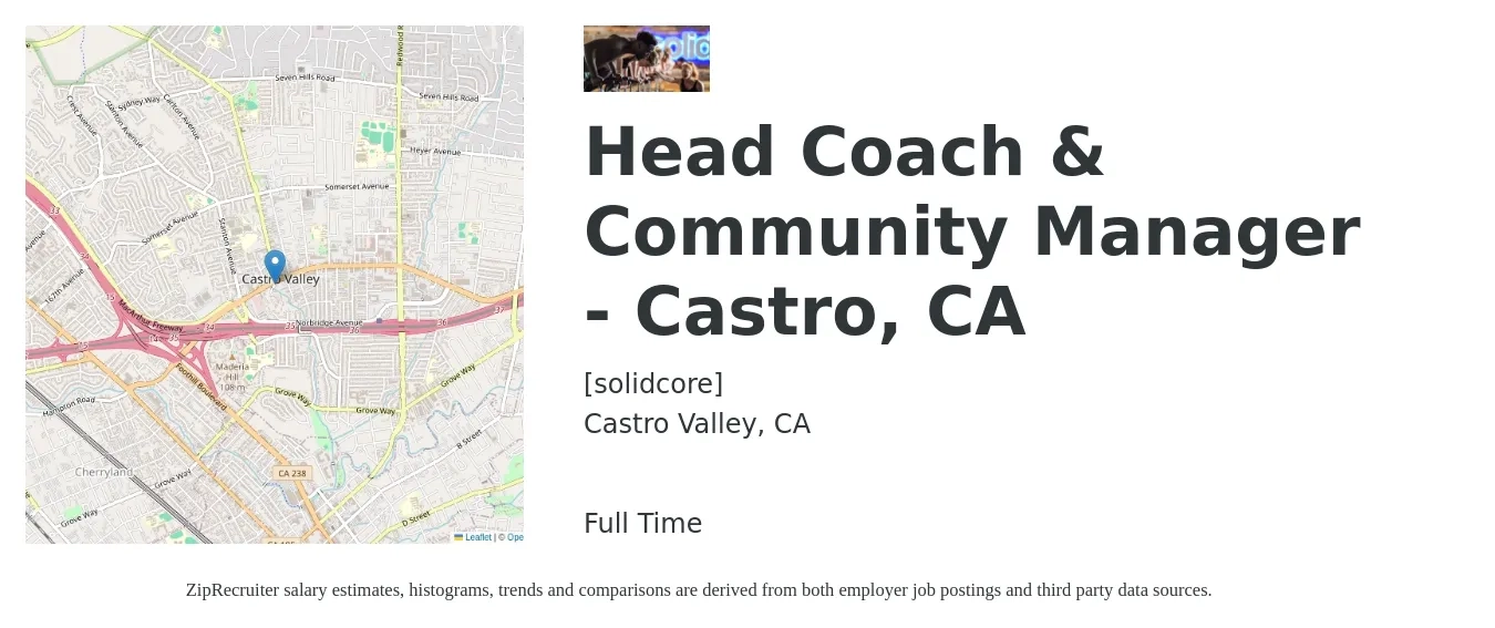 [solidcore] job posting for a Head Coach & Community Manager - Castro, CA in Castro Valley, CA with a salary of $50,200 to $73,900 Yearly with a map of Castro Valley location.