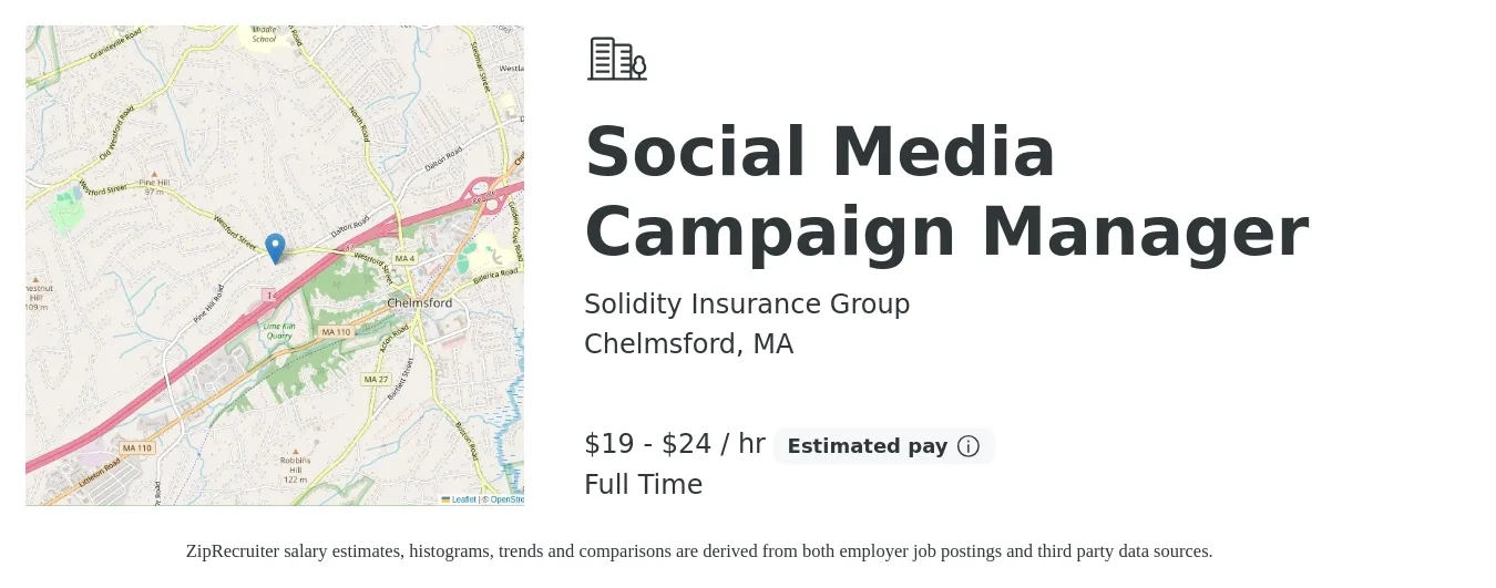 Solidity Insurance Group job posting for a Social Media Campaign Manager in Chelmsford, MA with a salary of $20 to $25 Hourly with a map of Chelmsford location.