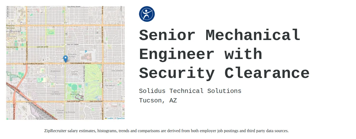 Solidus Technical Solutions job posting for a Senior Mechanical Engineer with Security Clearance in Tucson, AZ with a salary of $89,800 to $118,600 Annually and benefits including PTO with a map of Tucson location.