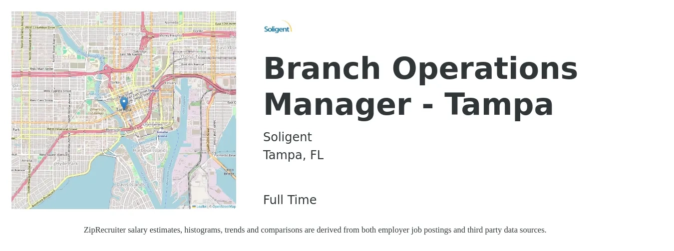 Soligent job posting for a Branch Operations Manager - Tampa in Tampa, FL with a salary of $51,000 to $81,700 Yearly with a map of Tampa location.