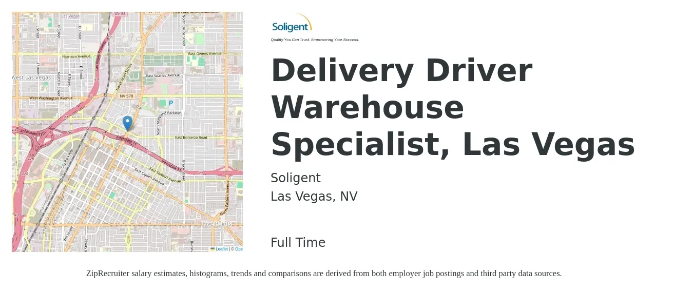 Soligent job posting for a Delivery Driver Warehouse Specialist, Las Vegas in Las Vegas, NV with a salary of $16 to $19 Hourly with a map of Las Vegas location.
