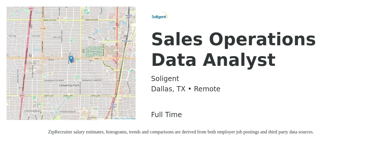 Soligent job posting for a Sales Operations Data Analyst in Dallas, TX with a salary of $27 to $44 Hourly with a map of Dallas location.