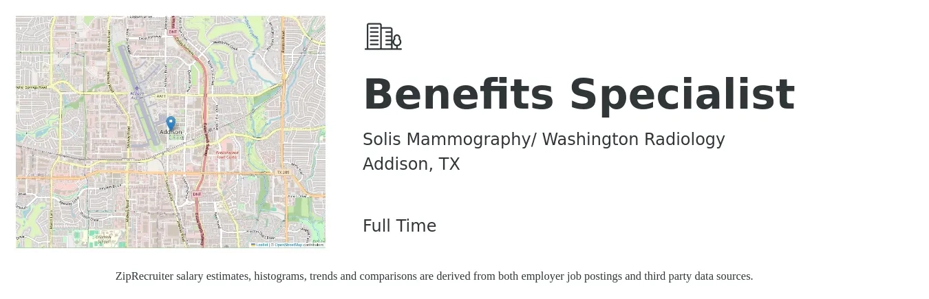 Solis Mammography/ Washington Radiology job posting for a Benefits Specialist in Addison, TX with a salary of $41,100 to $62,000 Yearly with a map of Addison location.