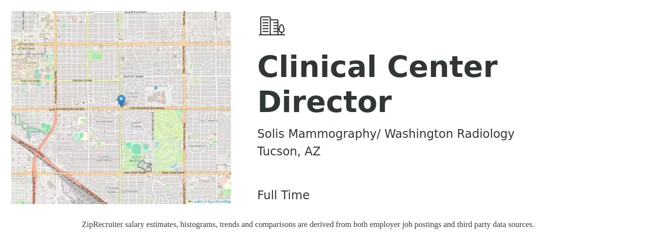 Solis Mammography/ Washington Radiology job posting for a Clinical Center Director in Tucson, AZ with a salary of $68,800 to $93,700 Yearly with a map of Tucson location.