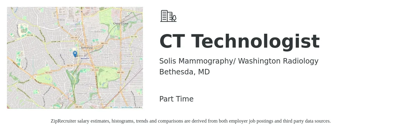 Solis Mammography/ Washington Radiology job posting for a CT Technologist in Bethesda, MD with a salary of $2,130 to $2,990 Weekly with a map of Bethesda location.