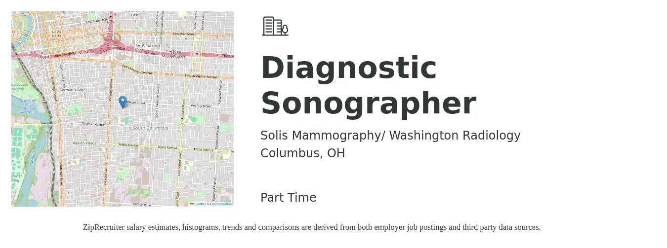 Solis Mammography/ Washington Radiology job posting for a Diagnostic Sonographer in Columbus, OH with a salary of $1,550 to $2,620 Weekly with a map of Columbus location.