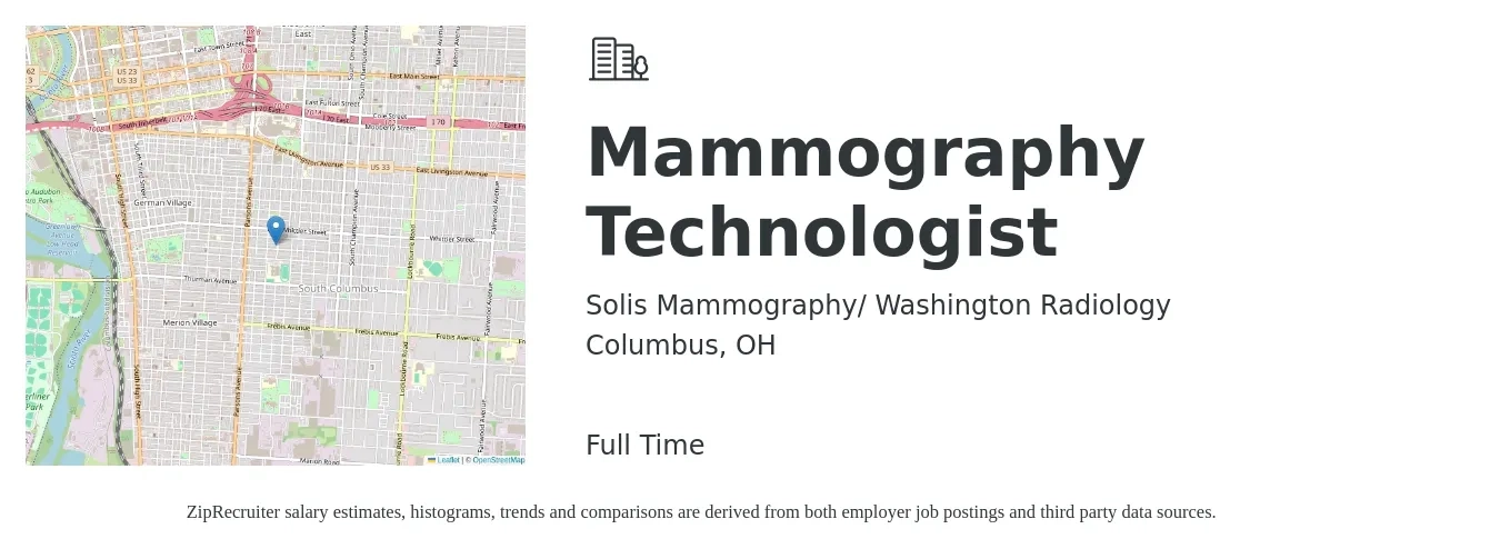 Solis Mammography/ Washington Radiology job posting for a Mammography Technologist in Columbus, OH with a salary of $29 to $53 Hourly with a map of Columbus location.
