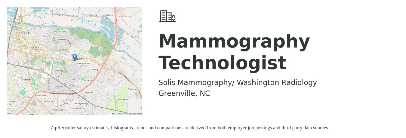 Solis Mammography/ Washington Radiology job posting for a Mammography Technologist in Greenville, NC with a salary of $29 to $54 Hourly with a map of Greenville location.