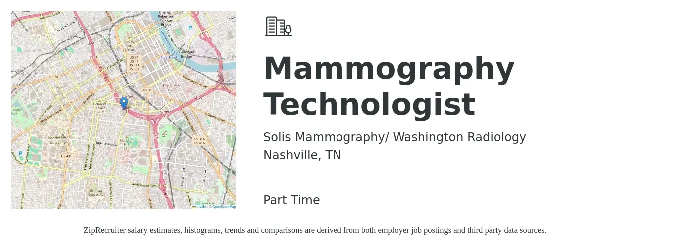 Solis Mammography/ Washington Radiology job posting for a Mammography Technologist in Nashville, TN with a salary of $29 to $54 Hourly with a map of Nashville location.