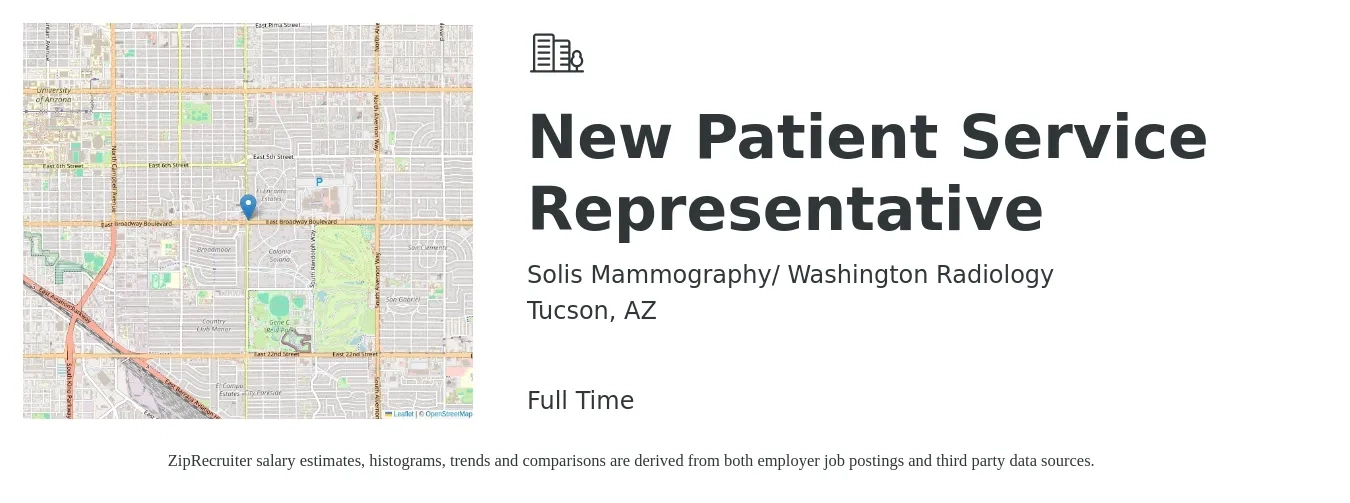 Solis Mammography/ Washington Radiology job posting for a New Patient Service Representative in Tucson, AZ with a salary of $15 to $19 Hourly with a map of Tucson location.