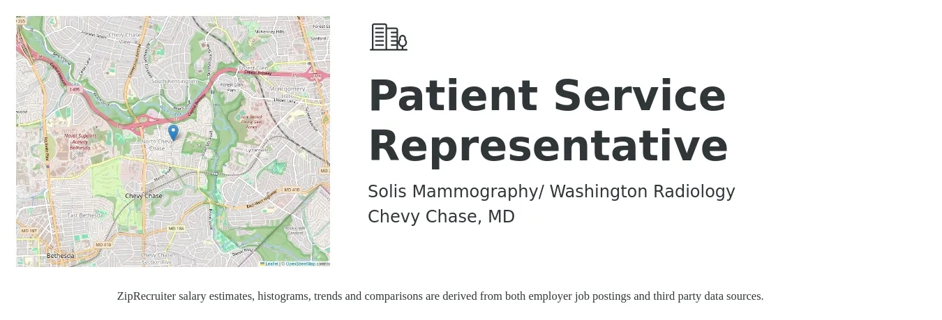 Solis Mammography/ Washington Radiology job posting for a Patient Service Representative in Chevy Chase, MD with a salary of $19 to $24 Hourly with a map of Chevy Chase location.