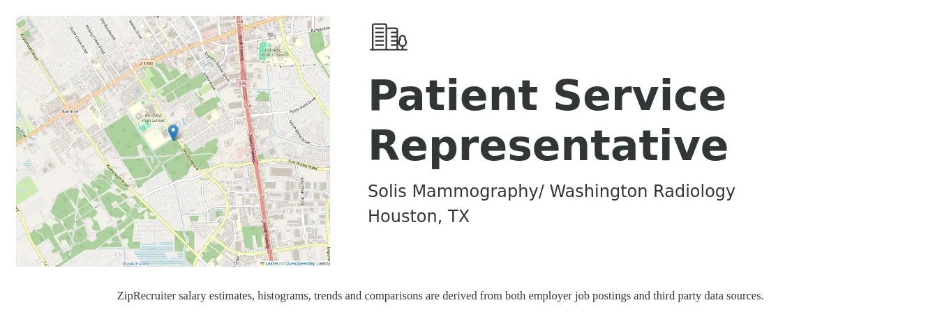Solis Mammography/ Washington Radiology job posting for a Patient Service Representative in Houston, TX with a salary of $17 to $21 Hourly with a map of Houston location.