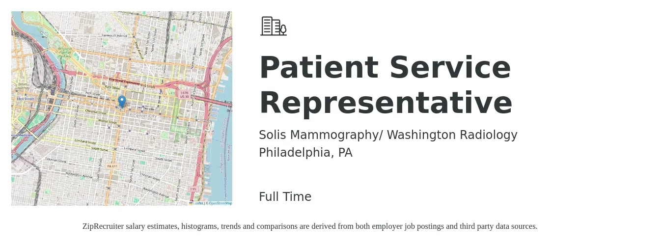 Solis Mammography/ Washington Radiology job posting for a Patient Service Representative in Philadelphia, PA with a salary of $17 to $22 Hourly with a map of Philadelphia location.