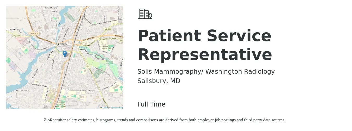 Solis Mammography/ Washington Radiology job posting for a Patient Service Representative in Salisbury, MD with a salary of $16 to $20 Hourly with a map of Salisbury location.