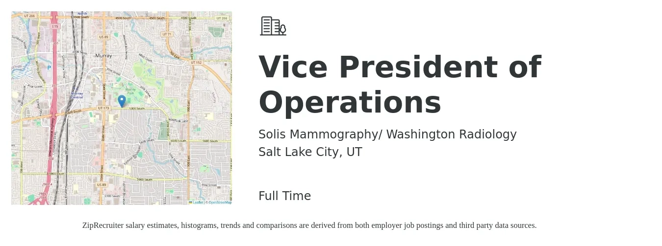 Solis Mammography/ Washington Radiology job posting for a Vice President of Operations in Salt Lake City, UT with a salary of $113,800 to $182,300 Yearly with a map of Salt Lake City location.