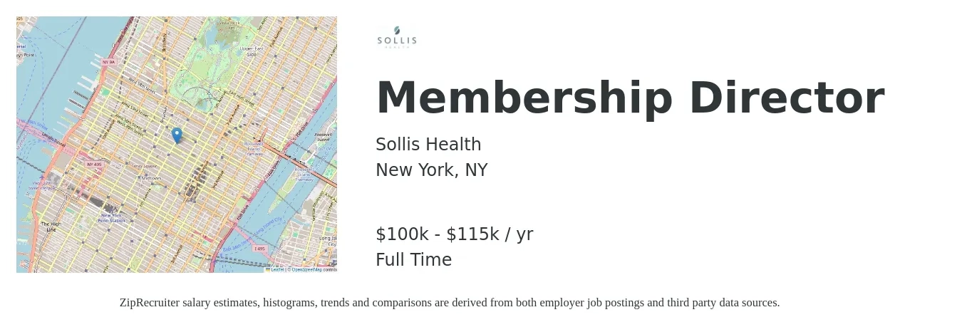 Sollis Health job posting for a Membership Director in New York, NY with a salary of $100,000 to $115,000 Yearly with a map of New York location.
