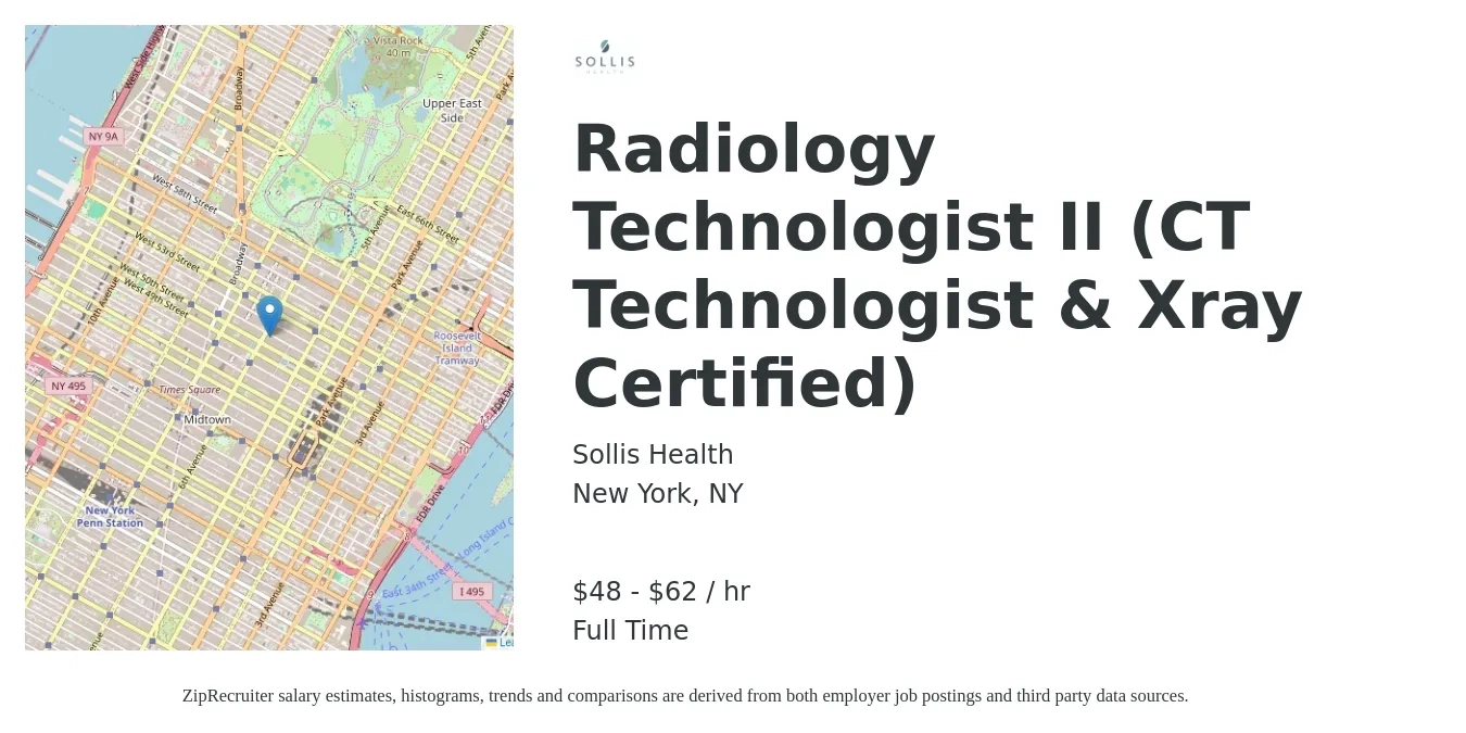 Sollis Health job posting for a Radiology Technologist II (CT Technologist & Xray Certified) in New York, NY with a salary of $54 to $60 Hourly with a map of New York location.