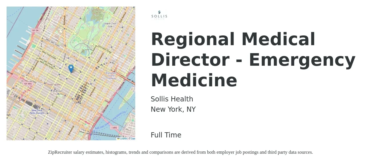 Sollis Health job posting for a Regional Medical Director - Emergency Medicine in New York, NY with a salary of $150,400 to $399,900 Yearly with a map of New York location.