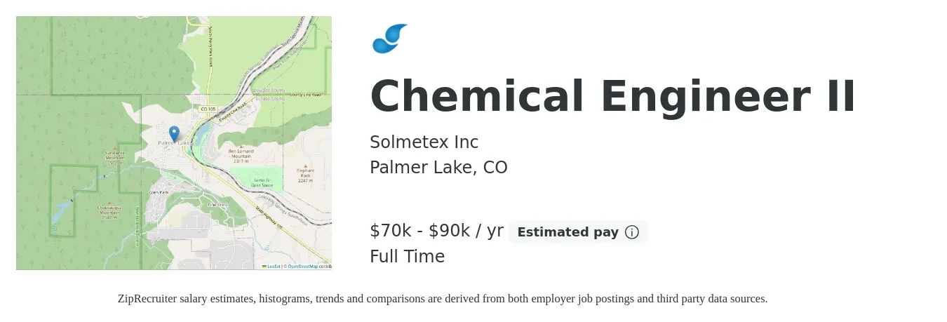 Solmetex Inc job posting for a Chemical Engineer II in Palmer Lake, CO with a salary of $70,000 to $90,000 Yearly with a map of Palmer Lake location.