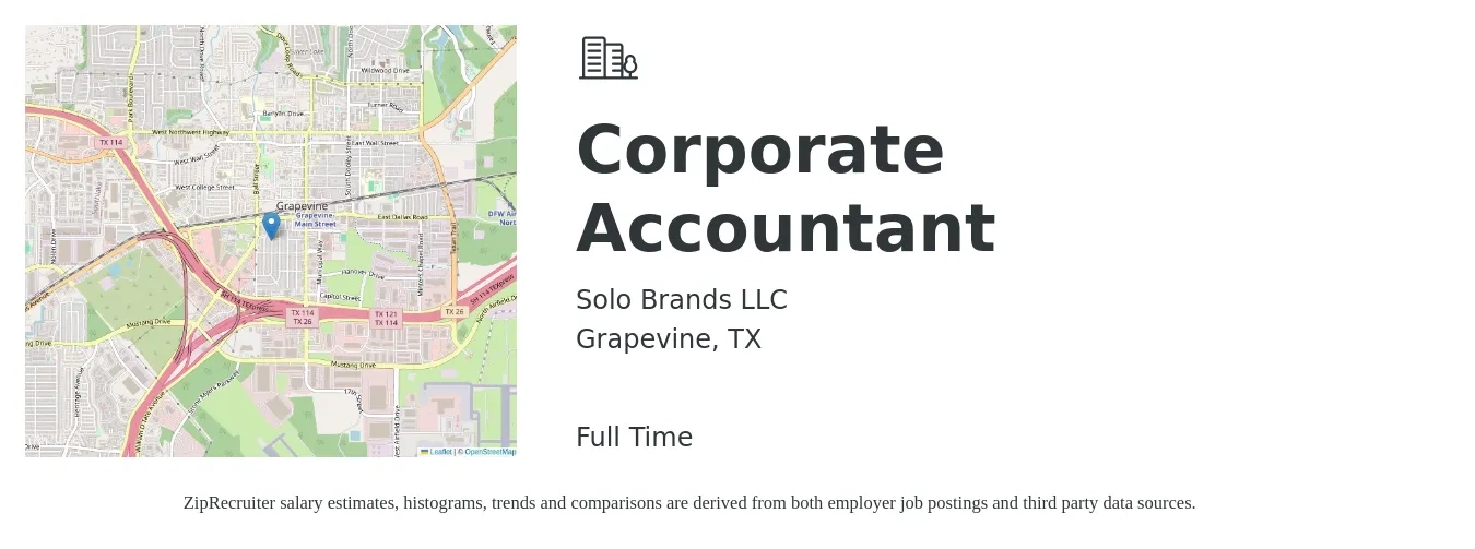 Solo Brands LLC job posting for a Corporate Accountant in Grapevine, TX with a salary of $60,100 to $81,300 Yearly with a map of Grapevine location.