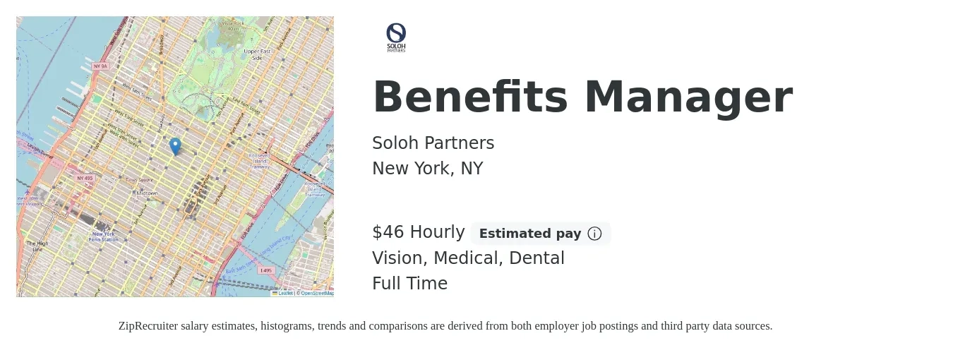 Soloh Partners job posting for a Benefits Manager in New York, NY with a salary of $48 Hourly and benefits including vision, dental, and medical with a map of New York location.