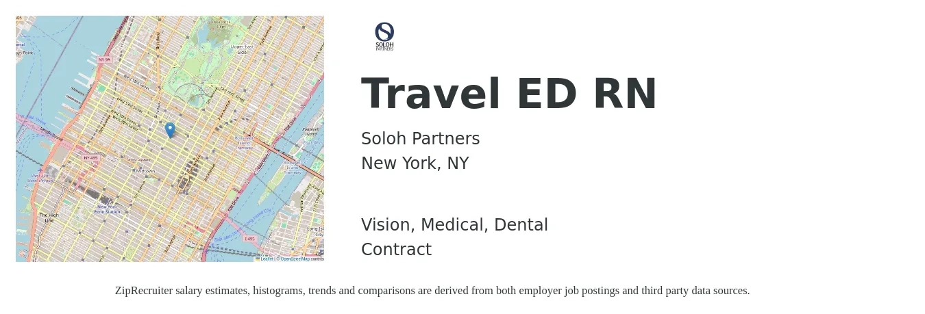 Soloh Partners job posting for a Travel ED RN in New York, NY with a salary of $2,600 to $2,746 Weekly and benefits including retirement, vision, dental, and medical with a map of New York location.