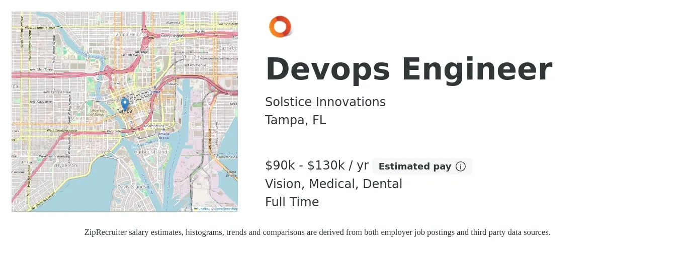 Solstice Innovations job posting for a Devops Engineer in Tampa, FL with a salary of $90,000 to $130,000 Yearly and benefits including dental, medical, pto, retirement, and vision with a map of Tampa location.