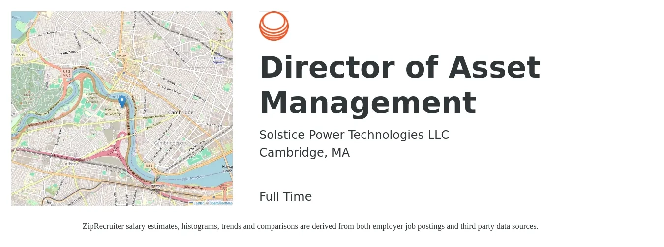 Solstice Power Technologies LLC job posting for a Director of Asset Management in Cambridge, MA with a salary of $120,000 Yearly with a map of Cambridge location.