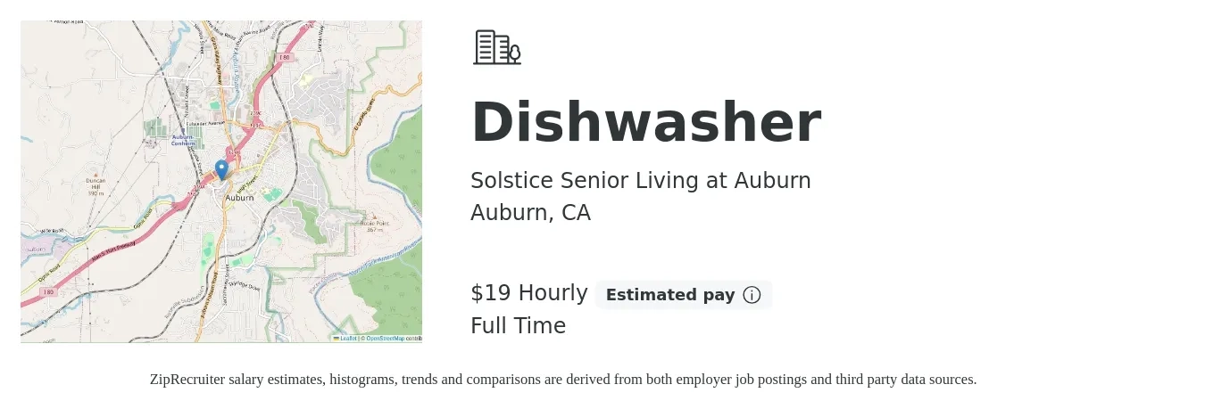 Solstice Senior Living at Auburn job posting for a Dishwasher in Auburn, CA with a salary of $20 Hourly with a map of Auburn location.