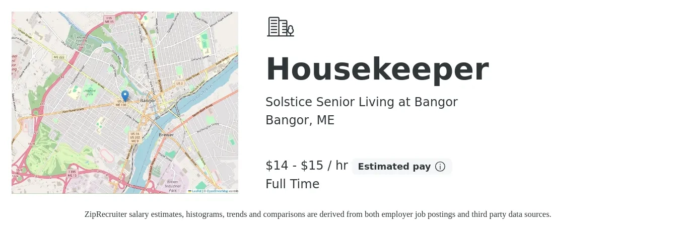 Solstice Senior Living at Bangor job posting for a Housekeeper in Bangor, ME with a salary of $15 to $16 Hourly with a map of Bangor location.